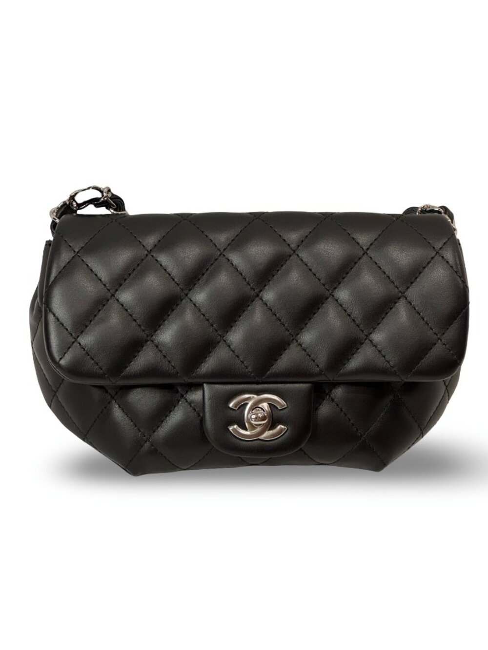 CHANEL Uniform Flap Bag Black Quilted Lambskin Silver CC Crossbody Belt Bag Conv